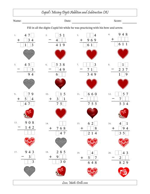 The Cupid's Missing Digits Addition and Subtraction (Easier Version) (A) Math Worksheet