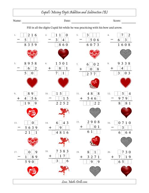 The Cupid's Missing Digits Addition and Subtraction (Harder Version) (B) Math Worksheet