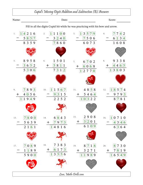 The Cupid's Missing Digits Addition and Subtraction (Harder Version) (B) Math Worksheet Page 2
