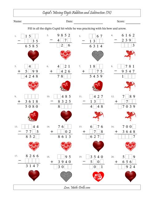 The Cupid's Missing Digits Addition and Subtraction (Harder Version) (H) Math Worksheet