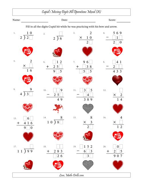 The Cupid's Missing Digits All Operations Mixed (Easier Version) (A) Math Worksheet