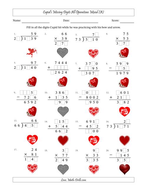 The Cupid's Missing Digits All Operations Mixed (Harder Version) (A) Math Worksheet