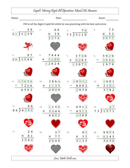 The Cupid's Missing Digits All Operations Mixed (Harder Version) (A) Math Worksheet Page 2
