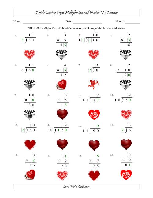 The Cupid's Missing Digits Multiplication and Division (Easier Version) (A) Math Worksheet Page 2