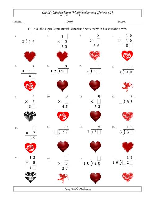 The Cupid's Missing Digits Multiplication and Division (Easier Version) (I) Math Worksheet