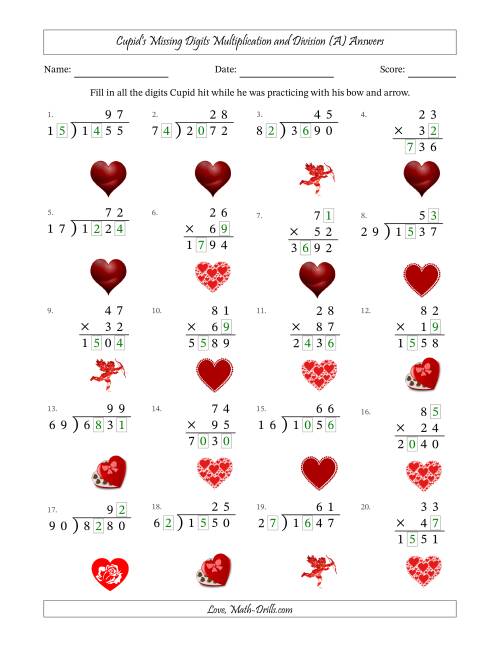 The Cupid's Missing Digits Multiplication and Division (Harder Version) (A) Math Worksheet Page 2