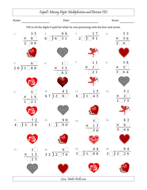 The Cupid's Missing Digits Multiplication and Division (Harder Version) (D) Math Worksheet