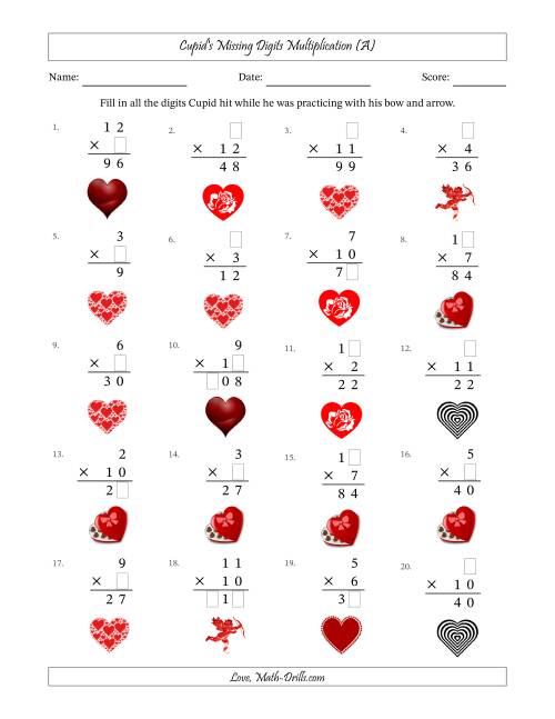 The Cupid's Missing Digits Multiplication (Easier Version) (A) Math Worksheet