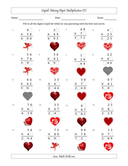 The Cupid's Missing Digits Multiplication (Harder Version) (C) Math Worksheet