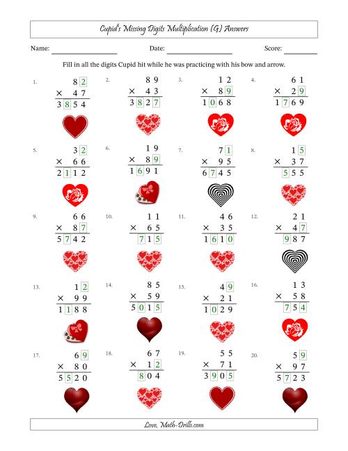 The Cupid's Missing Digits Multiplication (Harder Version) (G) Math Worksheet Page 2