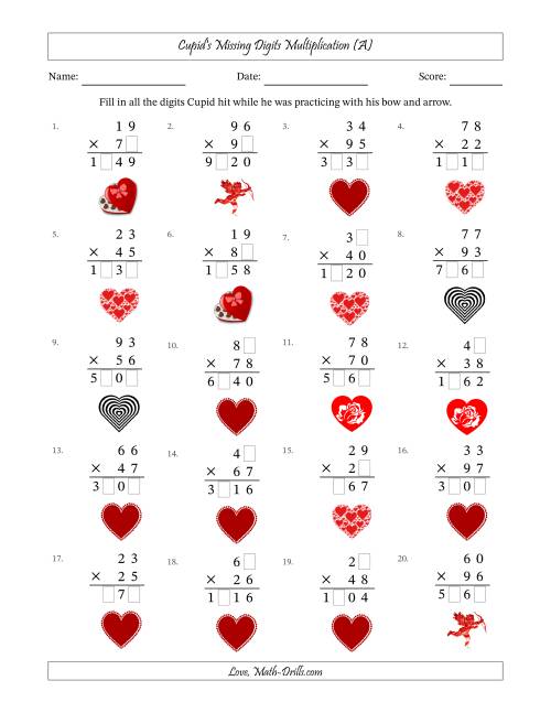 The Cupid's Missing Digits Multiplication (Harder Version) (All) Math Worksheet