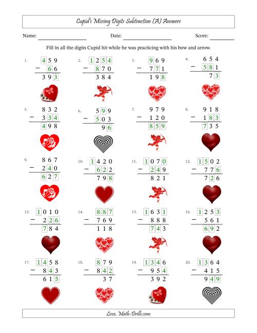 The Cupid's Missing Digits Subtraction (Easier Version) (A) Math Worksheet Page 2