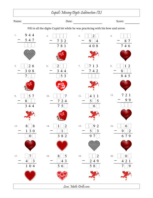 The Cupid's Missing Digits Subtraction (Easier Version) (E) Math Worksheet