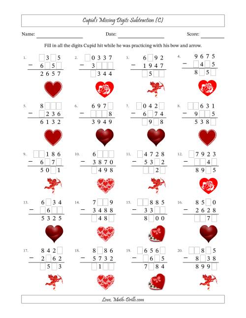 The Cupid's Missing Digits Subtraction (Harder Version) (C) Math Worksheet