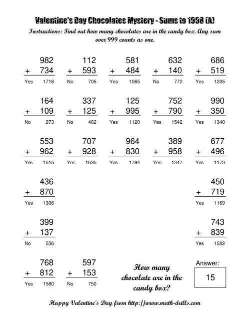 The Chocolates Mystery Three-Digit Plus Three-Digit Addition (A) Math Worksheet Page 2