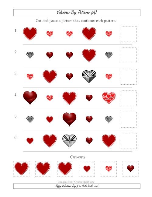 The Valentines Day Picture Patterns with Shape and Size Attributes (A) Math Worksheet
