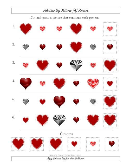 The Valentines Day Picture Patterns with Shape and Size Attributes (A) Math Worksheet Page 2