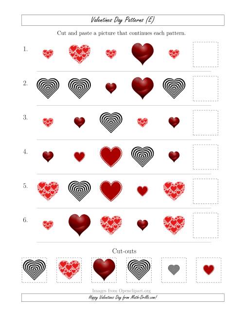 The Valentines Day Picture Patterns with Shape and Size Attributes (E) Math Worksheet