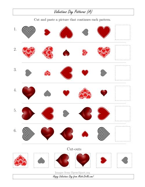 The Valentines Day Picture Patterns with Shape, Size and Rotation Attributes (A) Math Worksheet