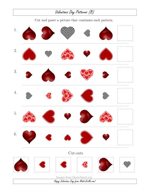 The Valentines Day Picture Patterns with Shape, Size and Rotation Attributes (B) Math Worksheet
