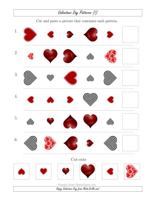 The Valentines Day Picture Patterns with Shape, Size and Rotation Attributes (I) Math Worksheet