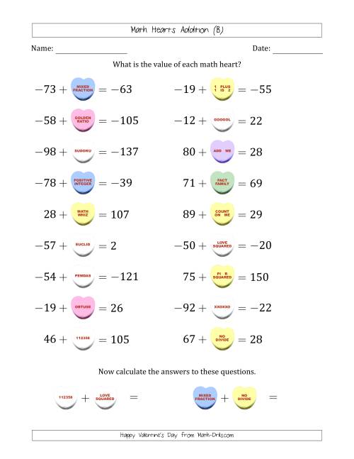 The Math Hearts Addition with Addends from -99 to 99 and Missing Addends from -99 to 99 (B) Math Worksheet