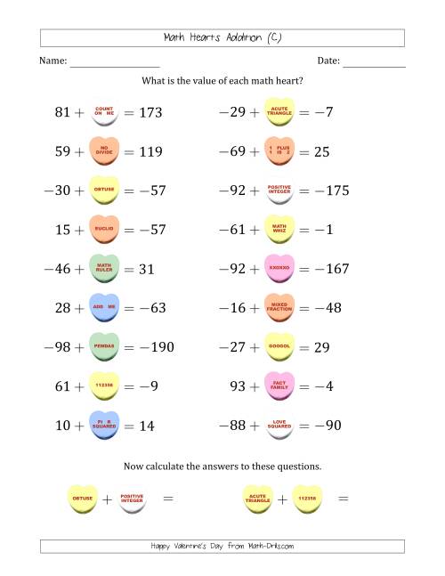 The Math Hearts Addition with Addends from -99 to 99 and Missing Addends from -99 to 99 (C) Math Worksheet