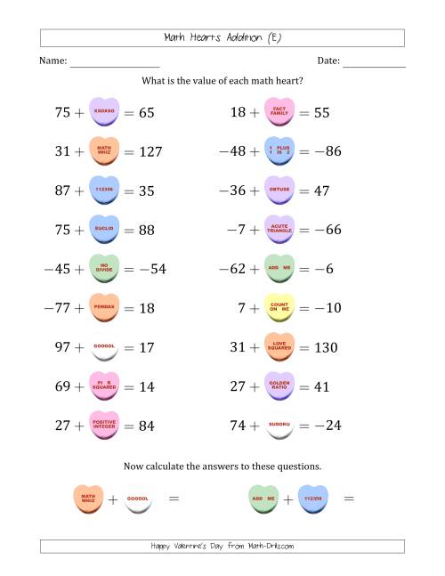 The Math Hearts Addition with Addends from -99 to 99 and Missing Addends from -99 to 99 (E) Math Worksheet