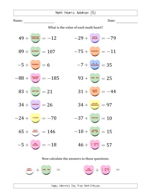 The Math Hearts Addition with Addends from -99 to 99 and Missing Addends from -99 to 99 (G) Math Worksheet