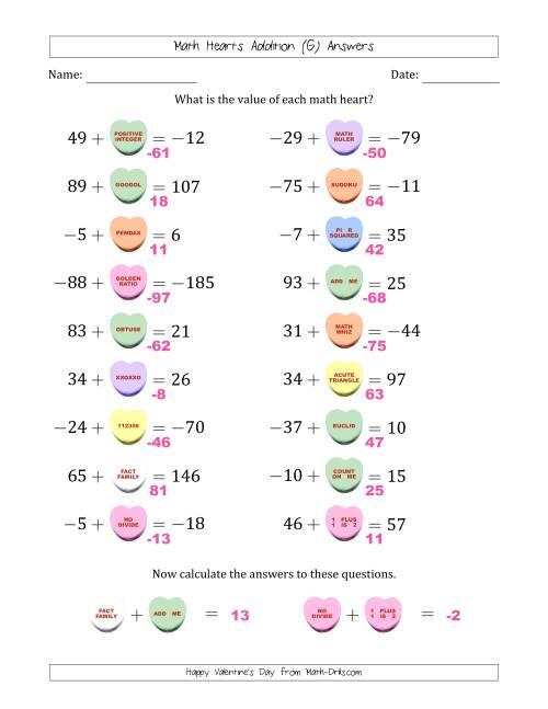 The Math Hearts Addition with Addends from -99 to 99 and Missing Addends from -99 to 99 (G) Math Worksheet Page 2