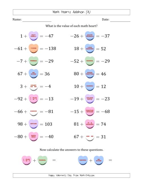The Math Hearts Addition with Addends from -99 to 99 and Missing Addends from -99 to 99 (All) Math Worksheet