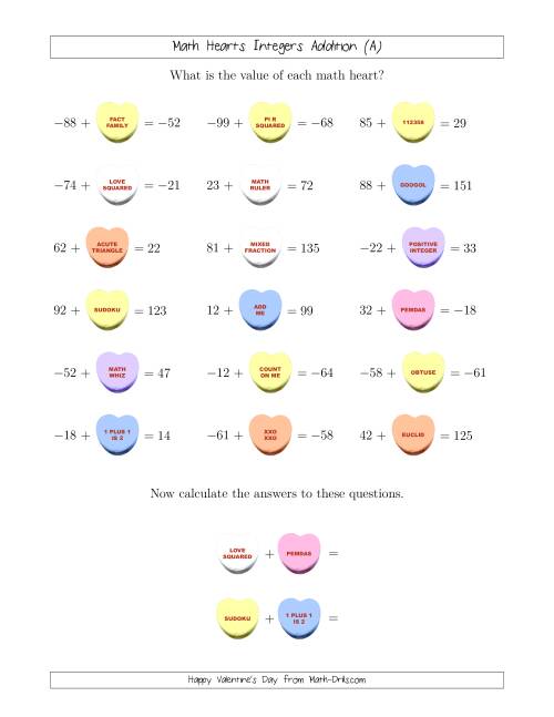 The Math Hearts 2-Digit Integers Addition with a Missing Addend (Old) Math Worksheet