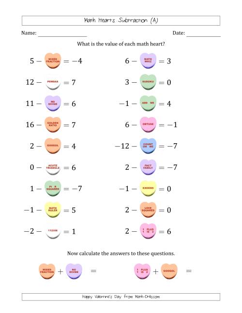 The Math Hearts Subtraction with Differences from -9 to 9 and Missing Subtrahends from -9 to 9 (A) Math Worksheet