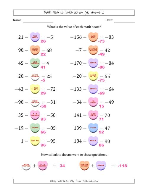 The Math Hearts Subtraction with Differences from -99 to 99 and Missing Subtrahends from -99 to 99 (A) Math Worksheet Page 2