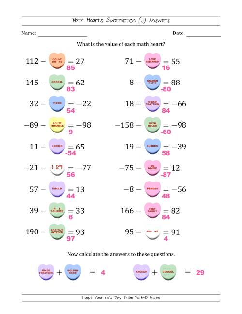 The Math Hearts Subtraction with Differences from -99 to 99 and Missing Subtrahends from -99 to 99 (J) Math Worksheet Page 2