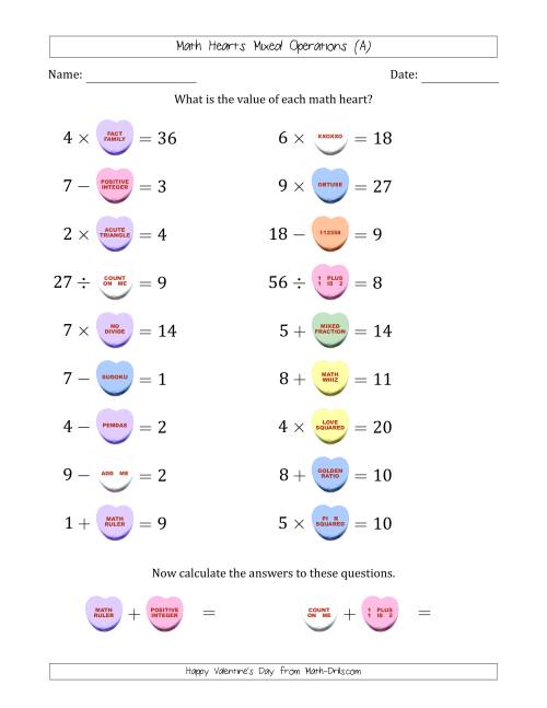 The Math Hearts Mixed Operations with Addends and Differences from 1 to 9, Factors and Quotients from 2 to 9 and Missing Numbers from 1 to 9 (A) Math Worksheet