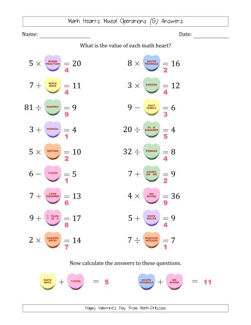 The Math Hearts Mixed Operations with Addends and Differences from 1 to 9, Factors and Quotients from 2 to 9 and Missing Numbers from 1 to 9 (G) Math Worksheet Page 2