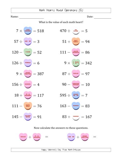 The Math Hearts Mixed Operations with Addends and Differences from 10 to 99, Factors and Quotients from 2 to 9 and Missing Numbers from 10 to 99 (G) Math Worksheet