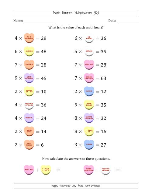 The Math Hearts Multiplication with Factors from 2 to 9 and Missing Factors from 2 to 9 (D) Math Worksheet