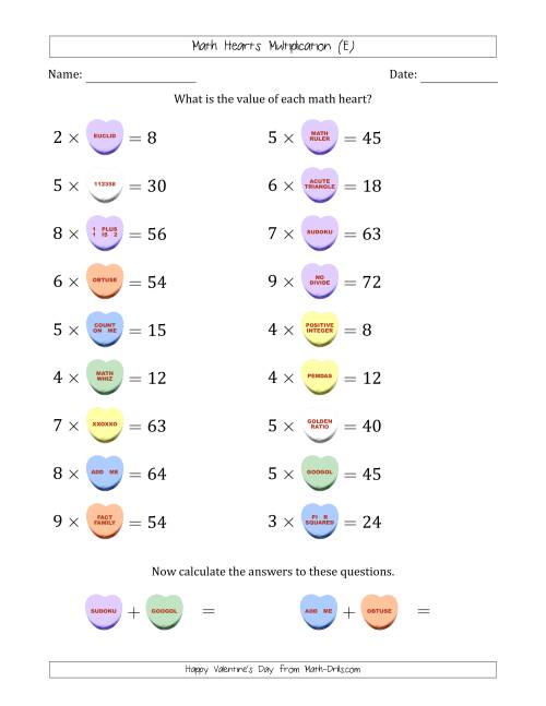 The Math Hearts Multiplication with Factors from 2 to 9 and Missing Factors from 2 to 9 (E) Math Worksheet