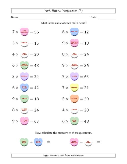 The Math Hearts Multiplication with Factors from 2 to 9 and Missing Factors from 2 to 9 (All) Math Worksheet