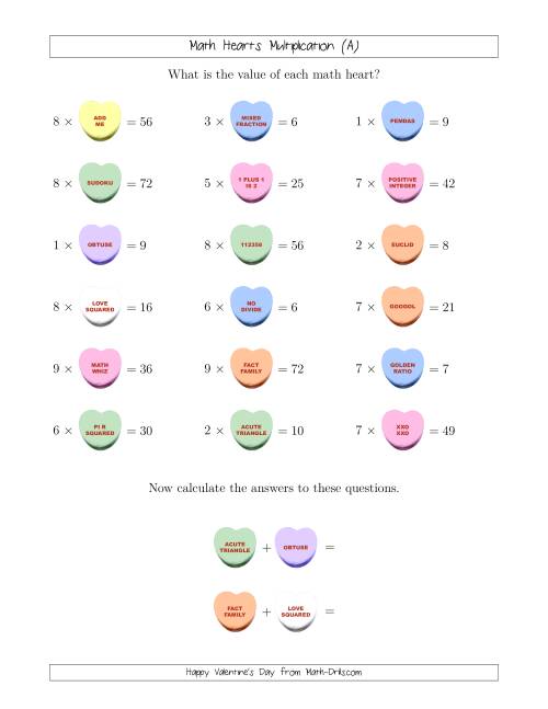 The Math Hearts 1-Digit by 1-Digit Multiplication with a Missing Factor (Old) Math Worksheet