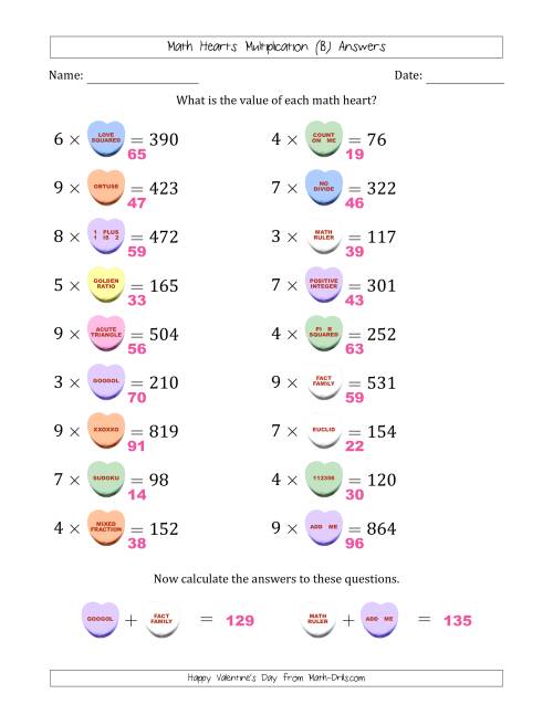 The Math Hearts Multiplication with Factors from 2 to 9 and Missing Factors from 10 to 99 (B) Math Worksheet Page 2