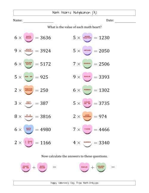 The Math Hearts Multiplication with Factors from 2 to 9 and Missing Factors from 100 to 999 (A) Math Worksheet