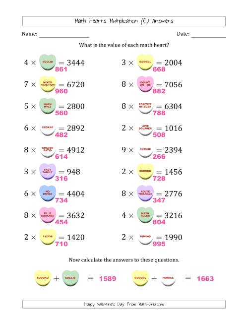 The Math Hearts Multiplication with Factors from 2 to 9 and Missing Factors from 100 to 999 (C) Math Worksheet Page 2