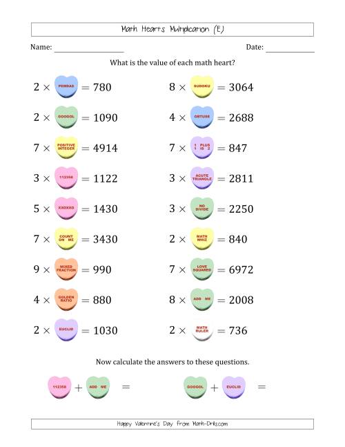 The Math Hearts Multiplication with Factors from 2 to 9 and Missing Factors from 100 to 999 (E) Math Worksheet