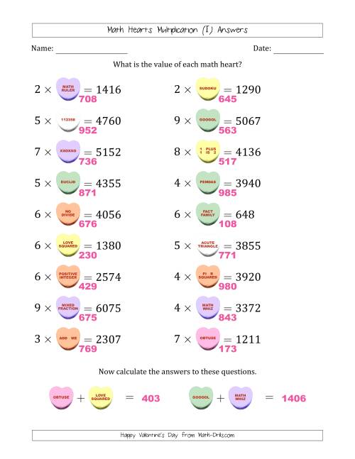 The Math Hearts Multiplication with Factors from 2 to 9 and Missing Factors from 100 to 999 (I) Math Worksheet Page 2