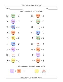 Math Hearts Subtraction with Differences from 1 to 9 and Missing Subtrahends from 1 to 9