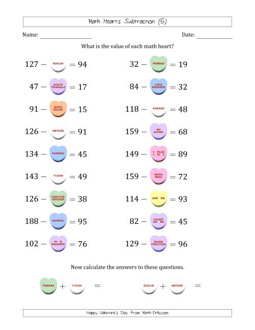 The Math Hearts Subtraction with Differences from 10 to 99 and Missing Subtrahends from 10 to 99 (G) Math Worksheet
