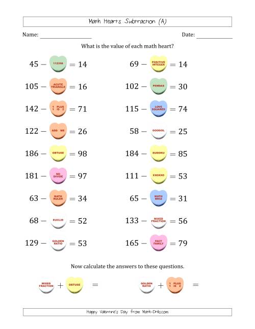 The Math Hearts Subtraction with Differences from 10 to 99 and Missing Subtrahends from 10 to 99 (All) Math Worksheet